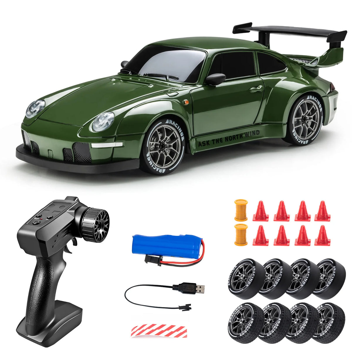 Driftax GT coloris vert avec radiocommande, batterie, pneus de drift et cônes